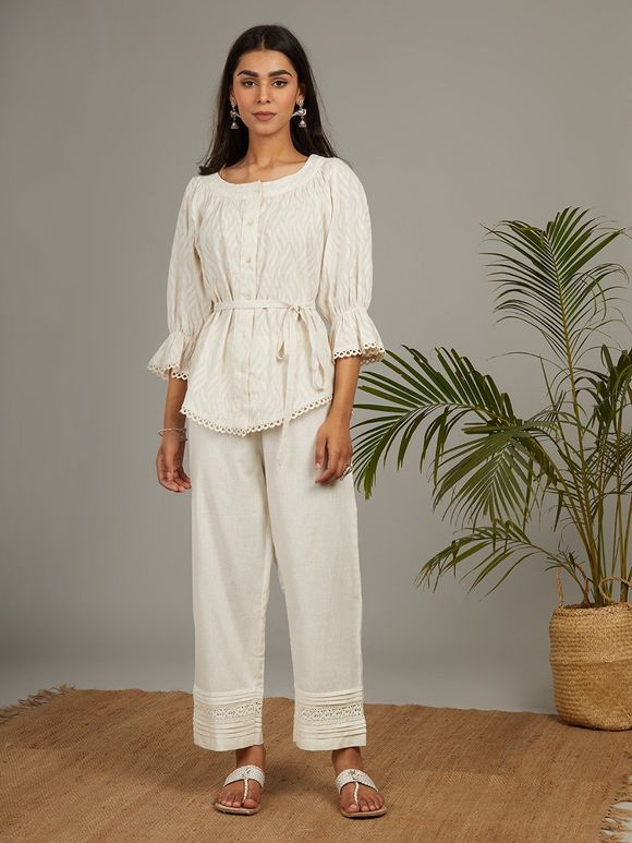 Off White Cotton Gathered Top with Belt and Pants - Set of 2