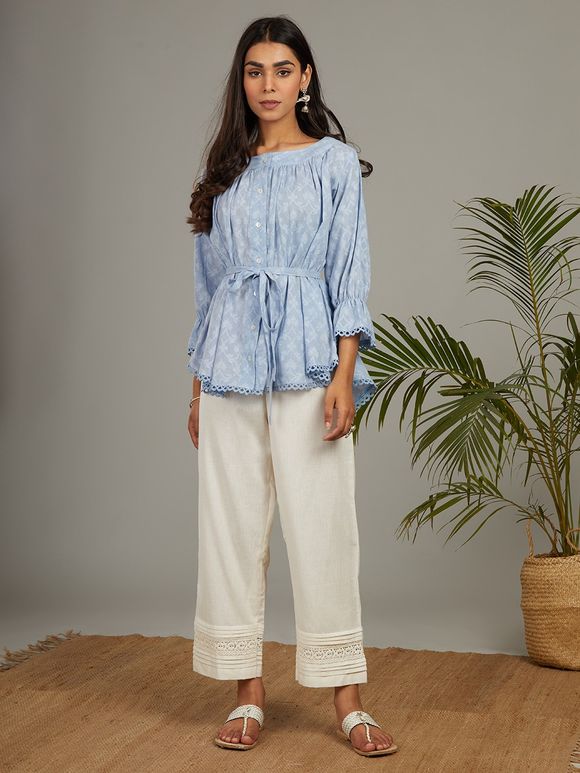 Blue Cotton Gathered Top with Belt and Off White Pants - Set of 2