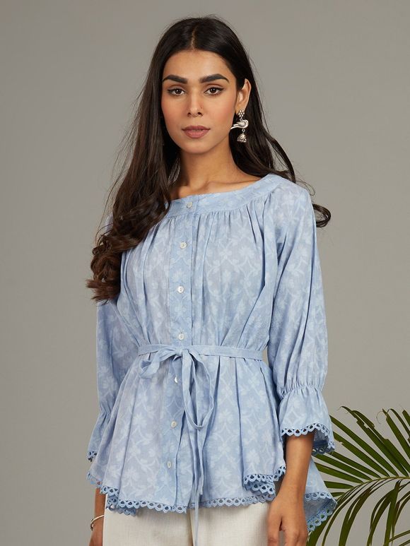 Blue Cotton Gathered Top with Belt