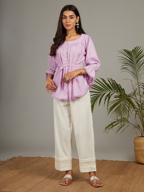 Purple Cotton Gathered Top with Belt and Off White Pants - Set of 2