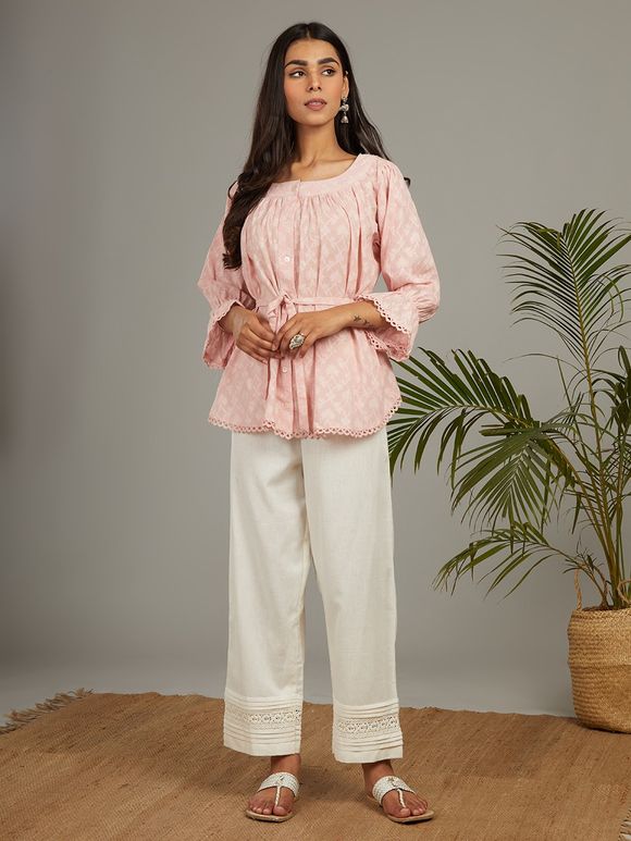 Pink Cotton Gathered Top with Belt and Off White Pants - Set of 2