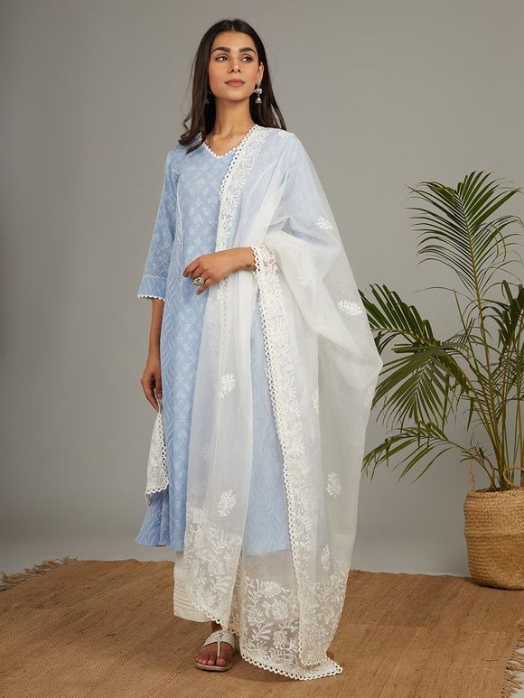 Blue Off White Cotton Anarkali Suit with Aari Work Organza Dupatta - Set of 3