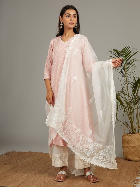 Pink Off White Cotton Anarkali Suit with Aari Work Organza Dupatta - Set of 3