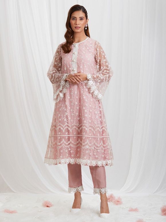 Pink Embroidered Organza Kurta with Cotton Slip and Silk Pants- Set of 2