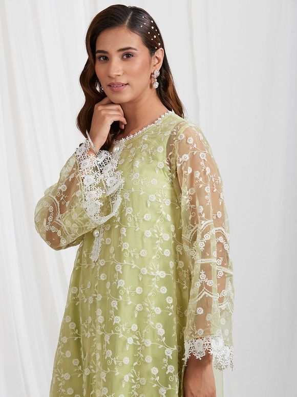 Green Embroidered Organza Kurta with Cotton Slip and Silk Pants- Set of 2