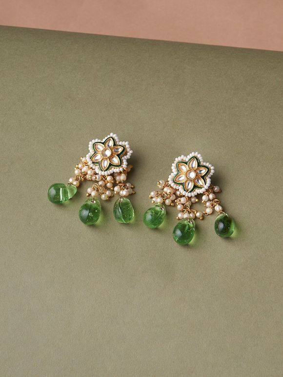 Gold Toned Green Handcrafted Metal Pearl Earrings