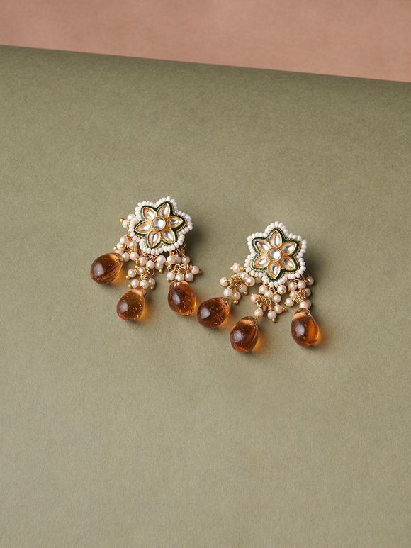 Gold Toned Orange Handcrafted Metal Pearl Earrings