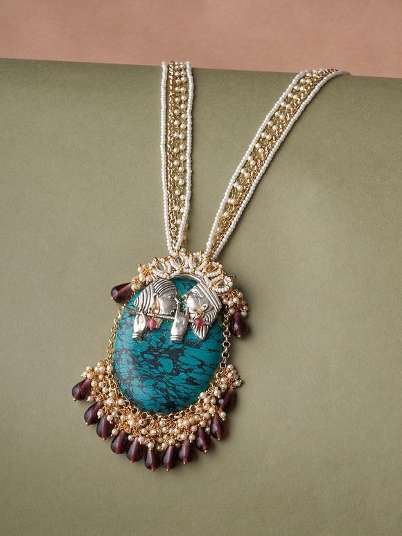 Gold Toned Blue Handcrafted Metal Radha Krishna Necklace