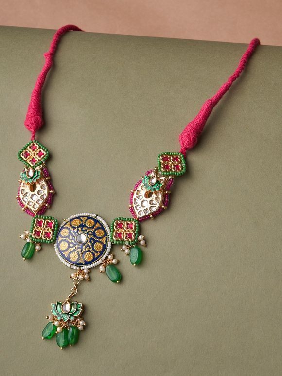 Pink Green Handcrafted Metal Kundan Necklace