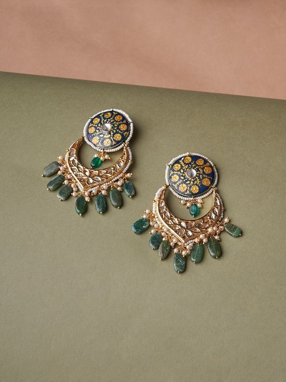Gold Toned Green Handcrafted Metal Earrings