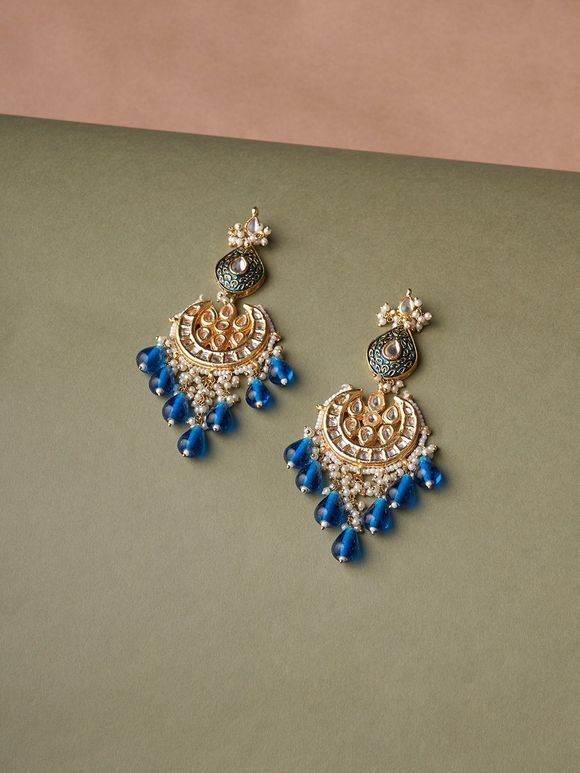 Gold Toned Blue Handcrafted Metal Earrings