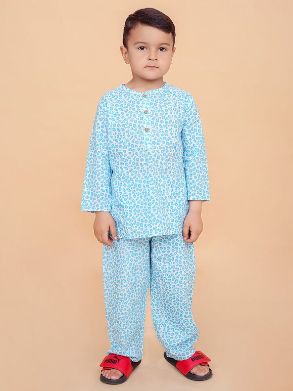 Turquoise Hand Block Printed Cotton Nightsuit- Set of 2