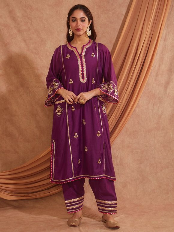 Purple Gota Work Cotton Kurta with Salwar- Set of 2