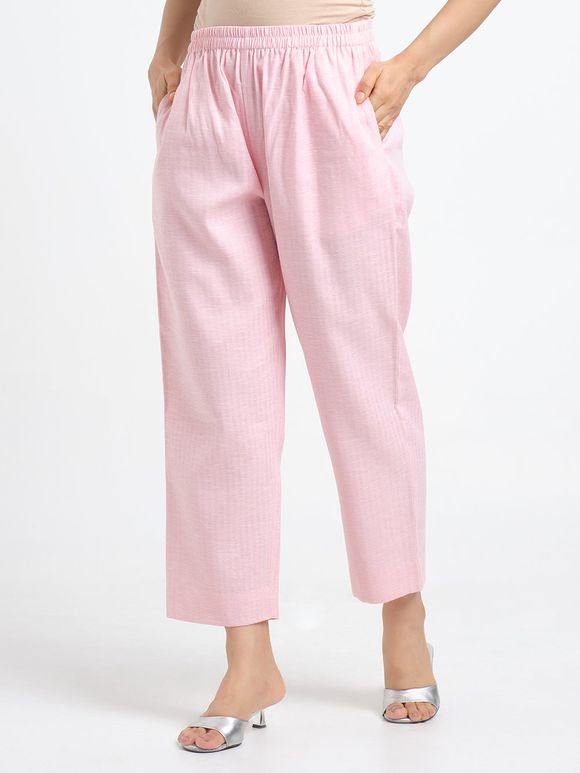 Light Pink Striped Cotton Blend Pant