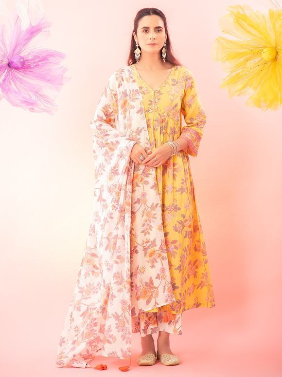 Yellow Printed Cotton Embroidered Suit - Set of 3