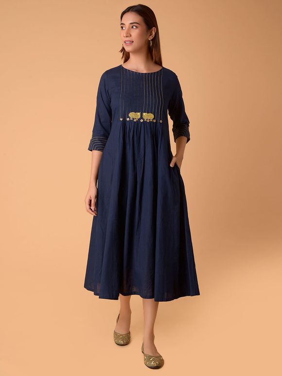 Navy Blue Embroidered Cotton Dress