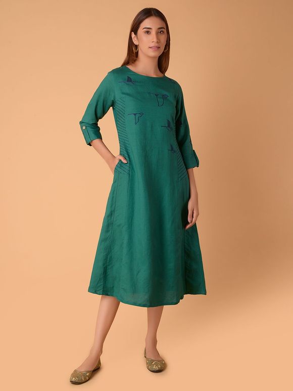 Green Embroidered Cotton Viscose  Dress