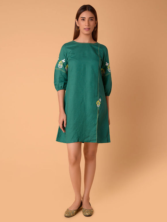 Green Embroidered Cotton Linen Dress