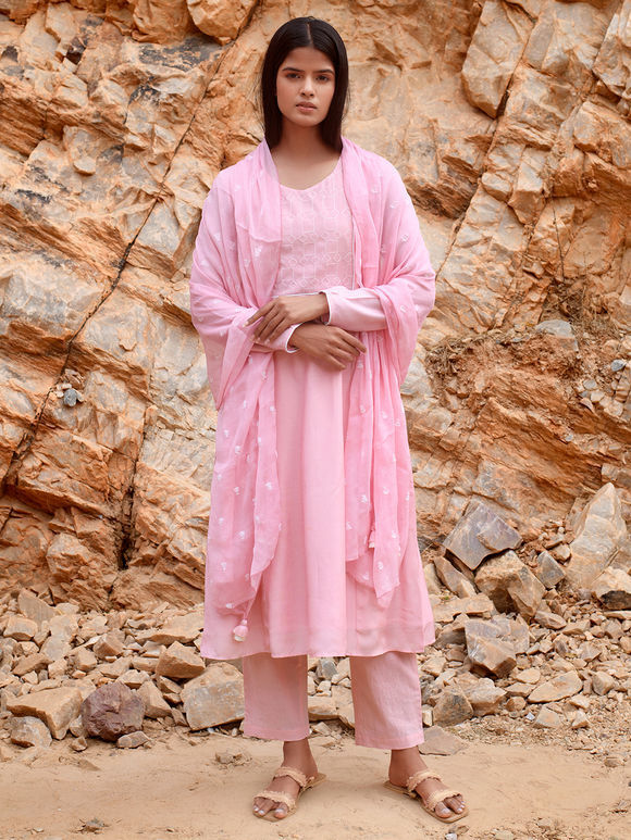 Pink Embroidered Muslin Suit- Set of 3