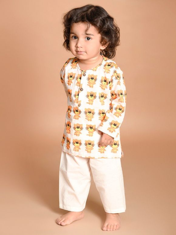 Orange Printed Cotton Kurta with White Pajama - Set of 2
