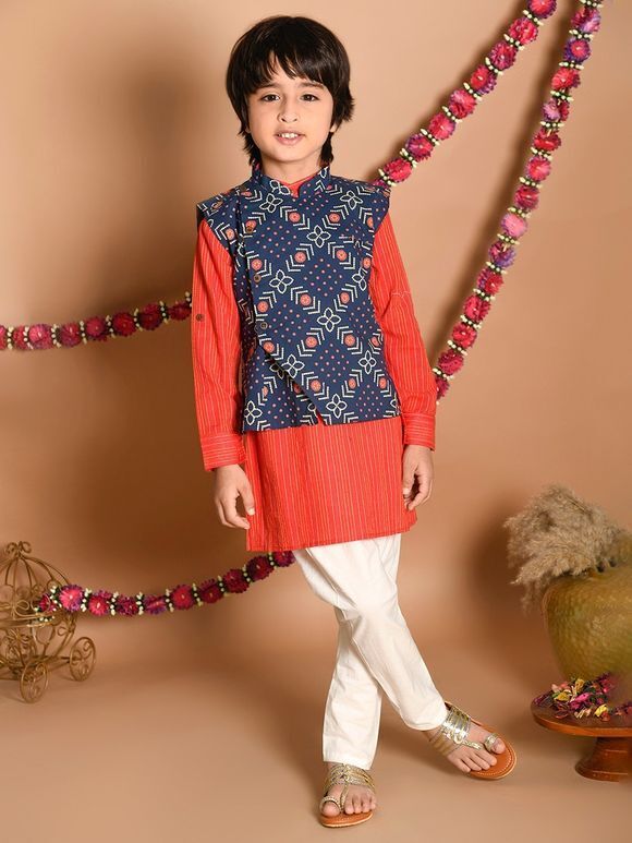 Red Printed Cotton Kurta with Navy Blue Jacket and White Pajama - Set of 3