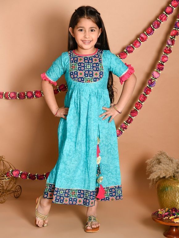 Blue Pink Printed Cotton Gown