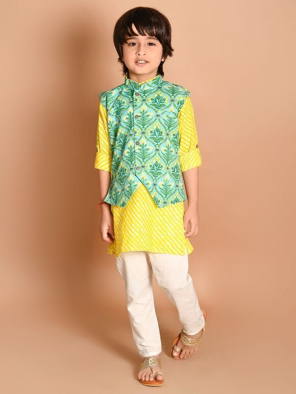 Yellow Printed Cotton Kurta with Green Jacket and White Pajama - Set of 3