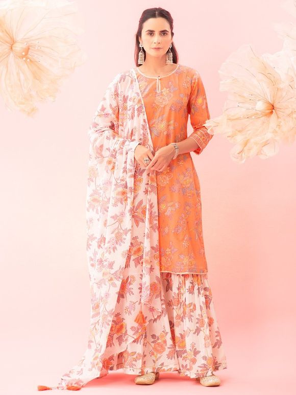 Orange Printed Cotton Sharara Suit - Set of 3
