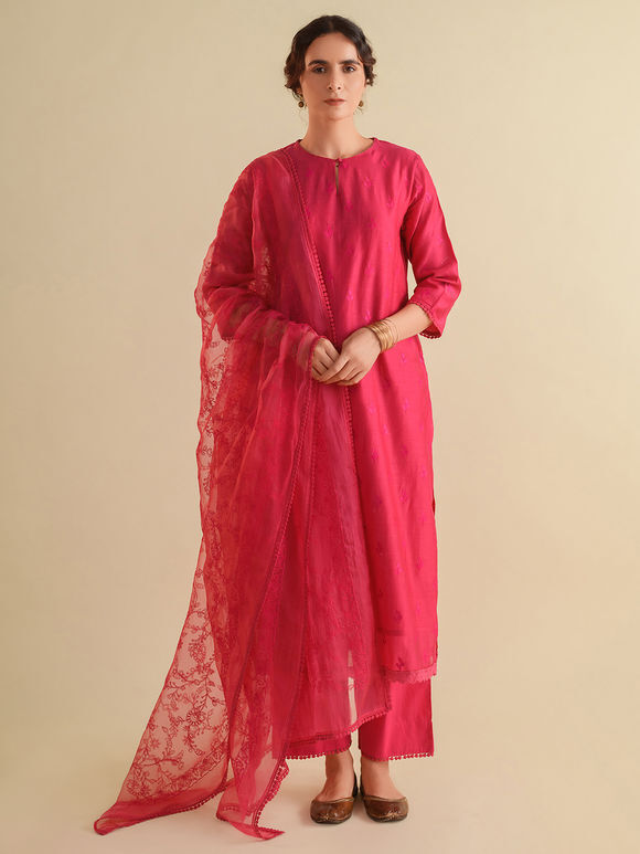 Magenta Embroidered Chanderi Suit- Set of 3