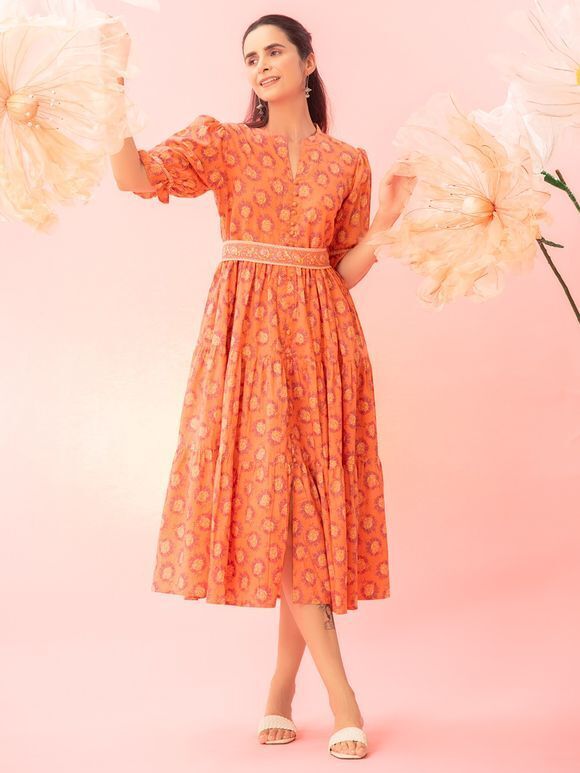 Peach Printed Cotton Tiered Dress with Belt