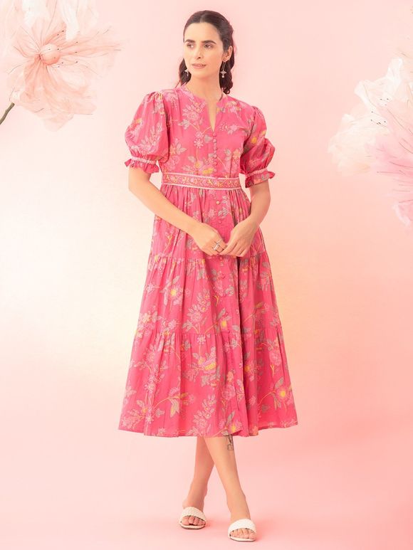 Pink Printed Cotton Dress with Belt