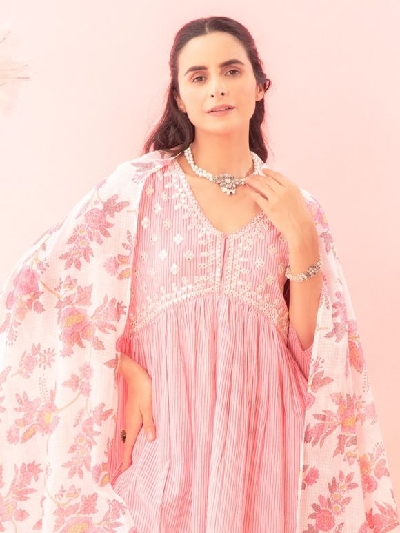 Pink Printed Cotton Sharara Suit - Set of 3