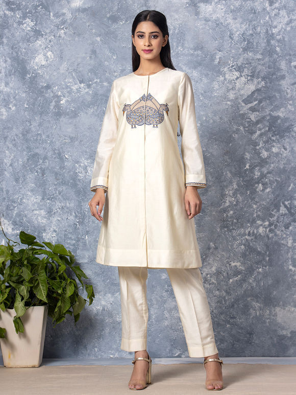 White Embroidered Chanderi Cotton Kurta
