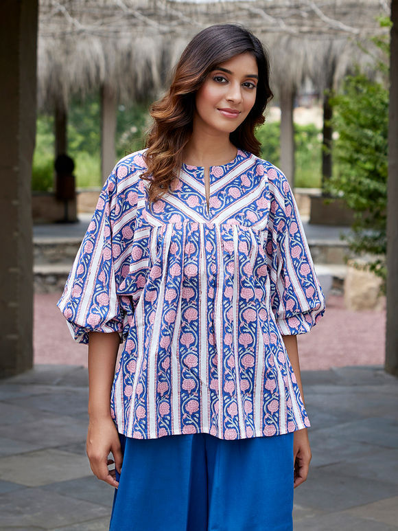 Blue Hand Block Printed Cotton Top