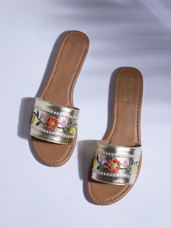 Silver Beige Embroidered Leather Slip Ons