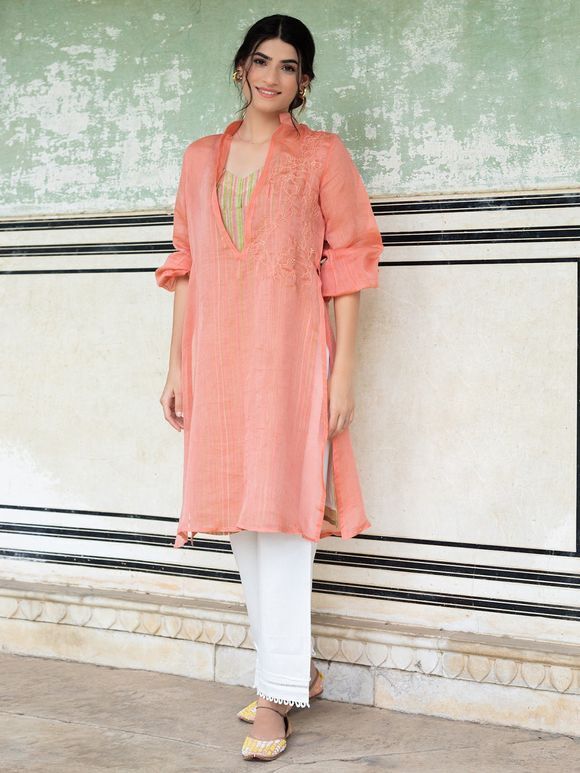 Peach Hand Embroidered Chanderi Kurta with Slip and Pants- Set of 2