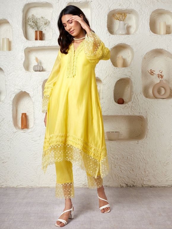 Yellow Chanderi Asymmetric Kurta with Cotton Pants- Set of 2