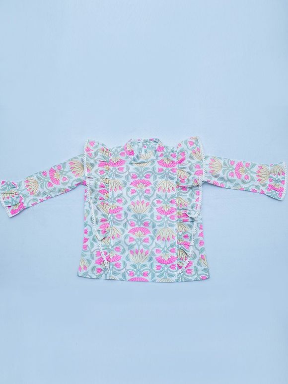 Pink Green Hand Block Printed Cotton Frill Top