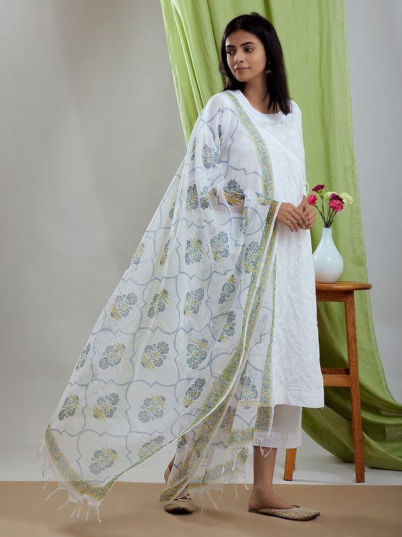 Buy White Chikankari Kota Doria Dupatta AKA D ADR Theloom