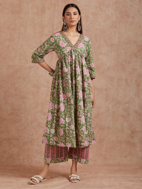 Green Pink Hand Block Printed Cotton Embroidered A-Line Kurta