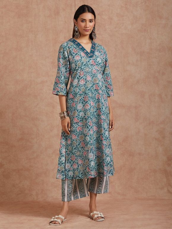Dusty Green Pink Hand Block Printed Cotton Embroidered A-Line Kurta