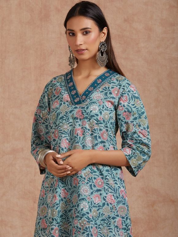 Dusty Green Pink Hand Block Printed Cotton Embroidered A-Line Kurta