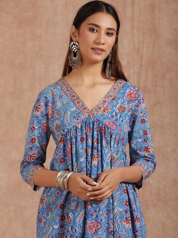 Blue Pink Hand Block Printed Cotton Embroidered A-Line Kurta