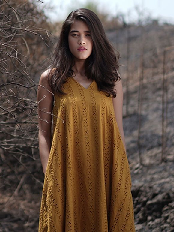 Mustard Yellow Embroidered Cotton Dress