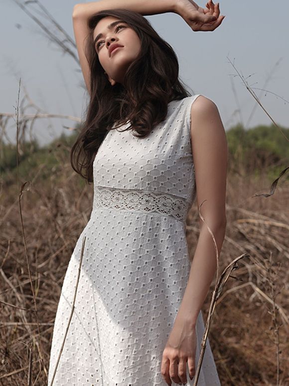 White Embroidered Cotton A-Line Dress