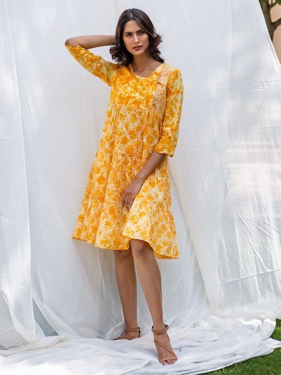Yellow Tie and Dye Cotton Embroidered Angrakha Tiered Dress