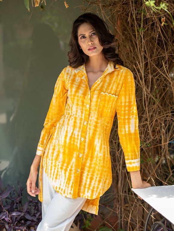 Yellow Tie and Dye Cotton Mirror Work High Low Shirt