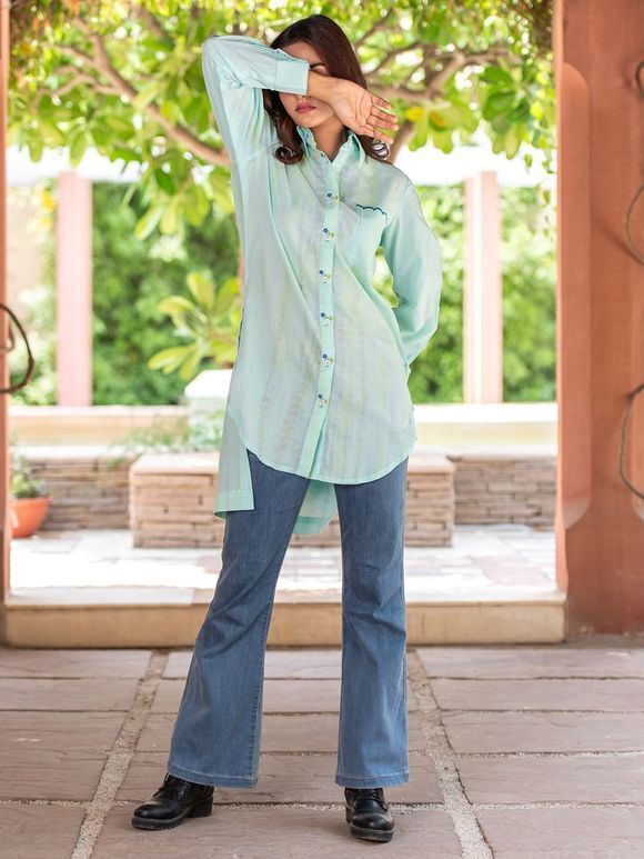Sea Green Tie and Dye Cotton Mirror Work High Low Shirt