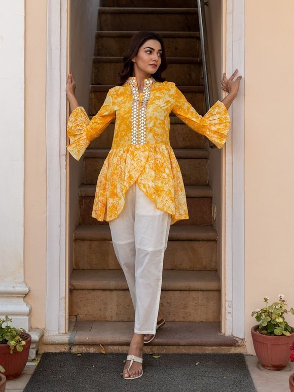 Yellow Tie and Dye Cotton Embroidered Asymmetric Shirt with White Pants- Set of 2