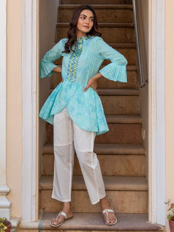 Sea Green Tie and Dye Cotton Embroidered Asymmetric Shirt with White Pants- Set of 2